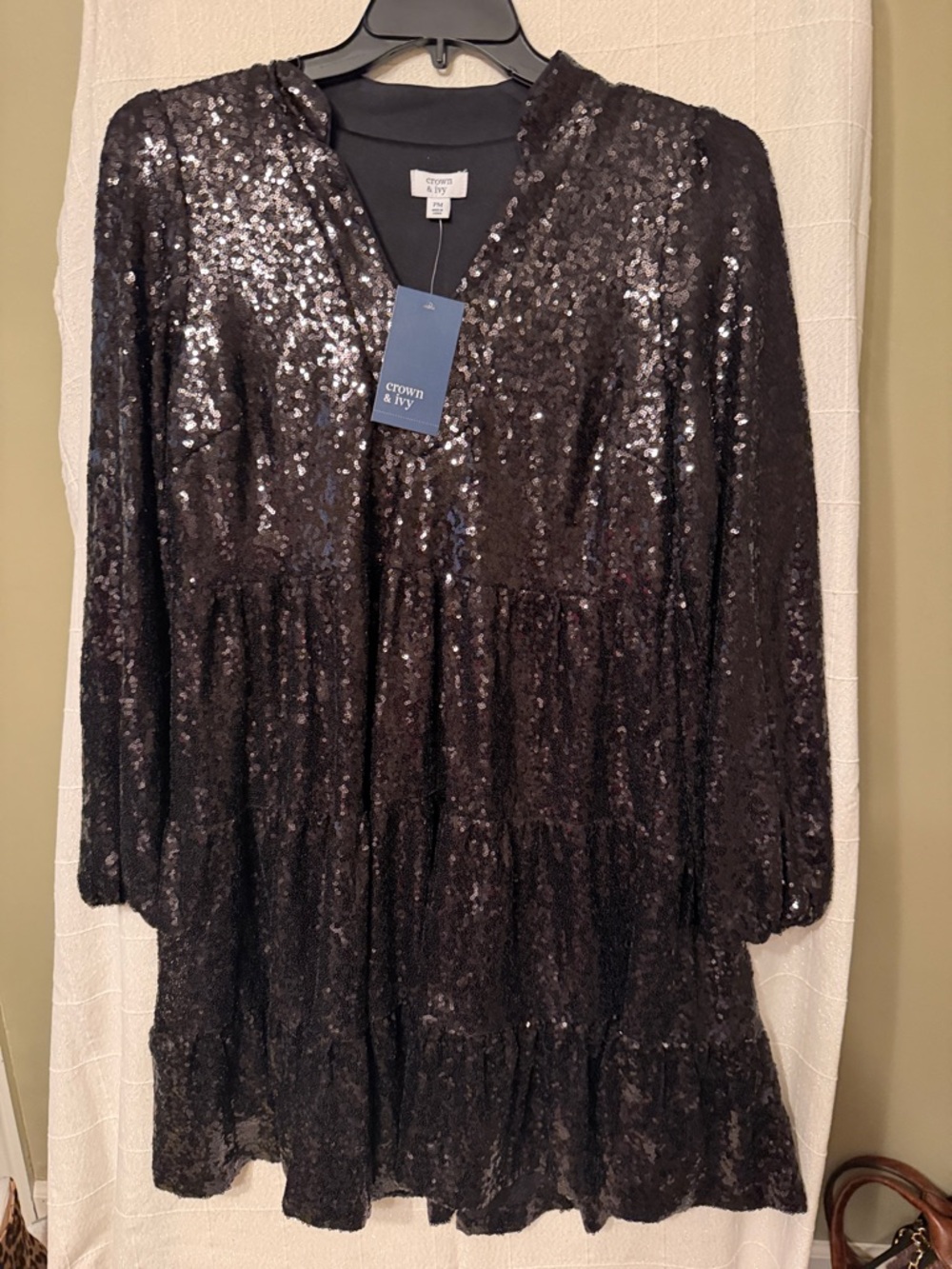 crown & ivy Black Sequin Tiered Mini Dress